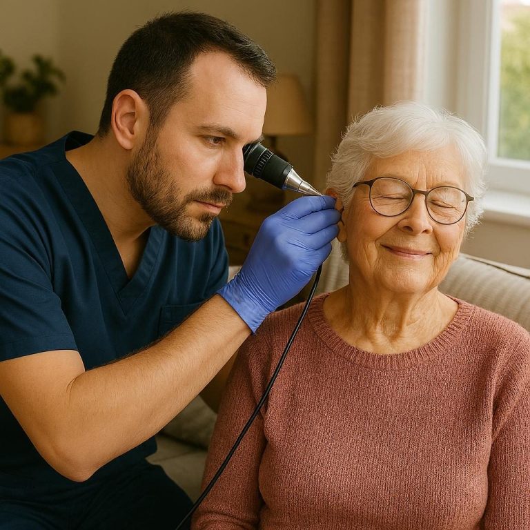 Ear wax removal A healthcare professional examines an elderly woman's ear.